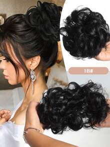 合成发髻接发凌乱卷曲弹力发圈假发发髻甜甜圈发髻女士合成凌乱发髻发圈假发带辫子弹力发片女士合成卷曲马尾 - 自然黑 - 查看 31