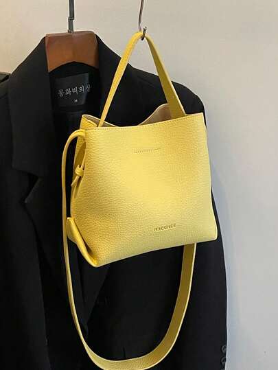 Bolso de mano minimalista de mujer, estilo vintage y versátil, de textura de cocodrilo amarillo en PU, bolso tipo cubo para compras y uso diario