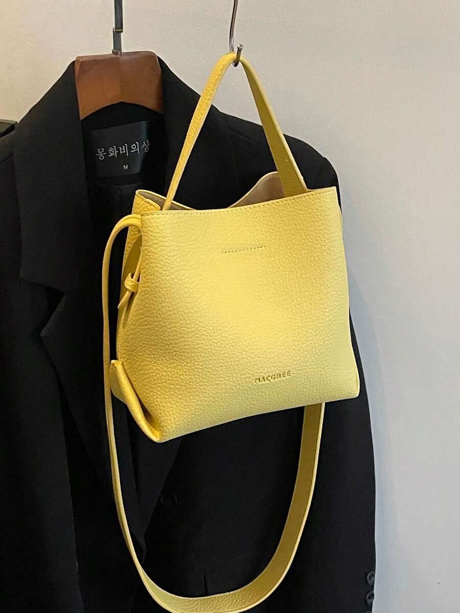 Bolsa feminina estilosa, minimalista, com textura de crocodilo amarelo, mini bolsa tipo balde de PU, bolsa de ombro vintage versátil para compras femininas e uso diário - Amarelo - Ver 1