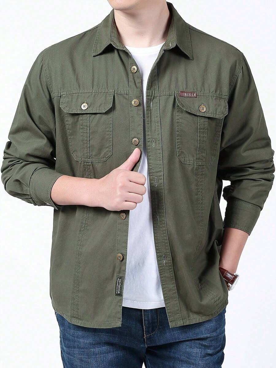 Men's Casual Cotton Cargo Shirt, Long-Sleeved Shirts For Camping And Hunting, Military Combat Shirt, Shirts For Hiking, Fishing, Hunting Clothes - 綠色 - 查看 1