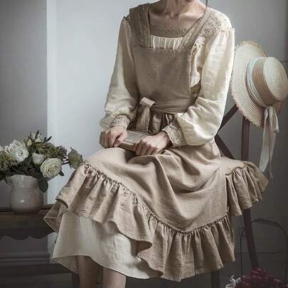 复古法式乡村风亚麻围裙，花卉图案，荷叶边下摆，烘焙烹饪围裙，纯色斯堪的纳维亚风格，加大码，礼品围裙