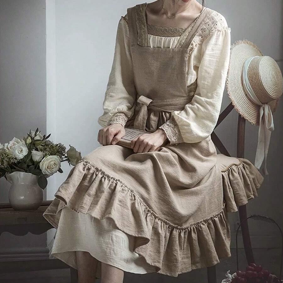 复古法式乡村风亚麻围裙，花卉图案，荷叶边下摆，烘焙烹饪围裙，纯色斯堪的纳维亚风格，加大码，礼品围裙