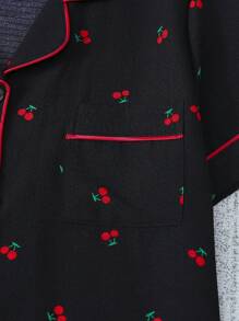 Set de 3 piezas con cárdigan de manga corta con volantes, pantalones cortos y pantalones de pijama con estampado rojo de cerezas, para vacaciones