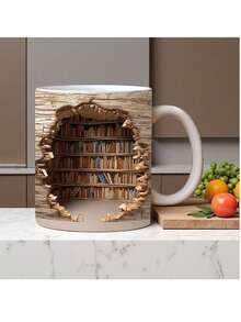 1pc, Book Shelf Coffee Mug, Ceramic Coffee Cups, Bookshelf Break Through Water Cups, Summer Winter Drinkware, Gifts Back To School - Khaki - View 12