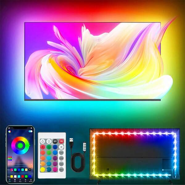 Taśma świetlna LED 5050 RGB, wtyczka zasilania USB, 24-klawiszowy pilot na podczerwień, sterowanie aplikacją Bluetooth Smart APP, regulowane tryby, zmiana koloru synchronizacji muzyki, ustawienie timera, samoprzylepne podłoże, do komputera, telewizora, sypialni, wystroju pokoju