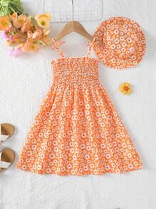 MommBaby Vestido de tirantes con lazo para niña de Mommbabay, vestido de verano sin mangas con estampado de flores de margaritas y sombrero, look de moda para la playa