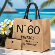 N°60 Vintage 60th Birthday Tote Bag Set - Lightweight Burlap Shopping & Travel Bag With Coin Purse, Elegant Polyester Design For Women, Perfect Gift For Her, Wife, Sister, Mom, Aunt, Friends, Beach Accessory | Elegant Tote Bag | Durable Handle Bag, Beach Tote Bag