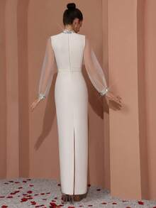 Vestido de fiesta ajustado de organza transparente con mangas de cristal 3D y abalorios blancos para mujer FEELAIR, ideal para citas, fiestas de solteros, reuniones, bailes, graduaciones, ocasiones formales, recepciones de cóctel, bodas, vestido de noche, invitada de boda - Blanco - Ver 10