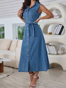 Sleeveless Button Front Denim Dress For Women With Belt - Medium Wash - View 7