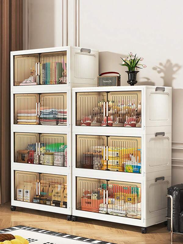 1pc 40cm/60cm Foldable Plastic Storage Box Organizer, 1-5 Layers Stackable Storage Container With Lid And Casters, Suitable For Bedroom, Living Room, Kitchen, Study, Office, Folding Storage Bin