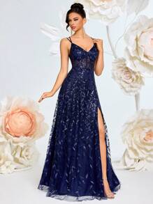 ADYCE 亮片刺绣细肩带 V 领透明高腰薄纱露背系带连衣裙，适合派对、舞会、晚会 - 藏蓝色 - 查看 7