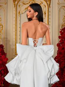 White Strapless Sweetheart Mini Dress With Bubble Hem And Back Bow Train, Elegant Short Prom Dress, Princess Birthday Gown, Cocktail Party Look, Dreamy Ruffle Formal Dress, Bridal Shower Outfit, Bride - White - View 4