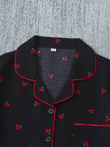 Set de 3 piezas con cárdigan de manga corta con volantes, pantalones cortos y pantalones de pijama con estampado rojo de cerezas, para vacaciones
