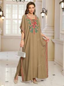Women's Elegant Embroidered Dress Plus Size Bohemian Batwing Sleeves Dubai Abaya Casual Holiday Dresses Outfits
