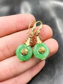1pc Natural Jade Green Color Amulet Hoop Earrings, Vintage Plated Gold Inlay Lady Elegant Jade Earring Pendant, Gift & Everyday Wear - Green - View 6
