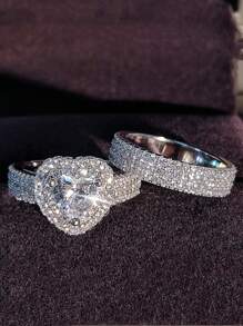 2 peças/Conjunto de Anéis Joias para Mulheres, Pavimentado Completamente com Brilhante Coração de Pedra CZ, Acessórios de Moda para Dedos, Anéis de Noivado