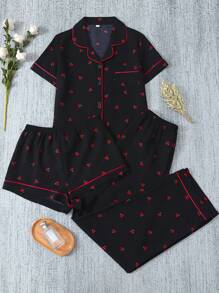 Set de 3 piezas con cárdigan de manga corta con volantes, pantalones cortos y pantalones de pijama con estampado rojo de cerezas, para vacaciones