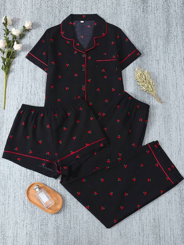 Set de 3 piezas con cárdigan de manga corta con volantes, pantalones cortos y pantalones de pijama con estampado rojo de cerezas, para vacaciones