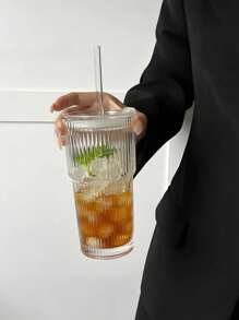 1pc Heat Resistant Glass Coffee Cup With Lid And Straw - Leak Proof Portable Hot Drink Cup, Suitable For Office And Outdoor Travel, Fashionable Straw Cup, Simple Coffee Cup With Lid, Transparent Glass Straw Cup, Office Coffee Cup, Glass Coffee Cup With Lid And Straw, Straw Cup With Lid, Coffee Cup With Straw, Beverage Cup With Lid And Straw Back To School