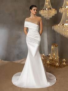 Faeriesty Elegant Rhinestone Detail Ruched Front Beaded Mesh Insert Satin Wedding Dress,Party Dress,Gown,Formal,Evening,Wedding Guest - White - View 1