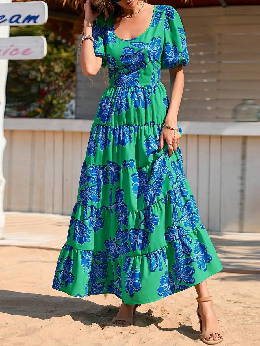 Women's Dress, Puffed-Sleeve Floral Casual Summer Dress, Pleated Back, Beach Flowing, Layered Long Sundress - Nền xanh lá cây với hoa màu xanh - Xem 1