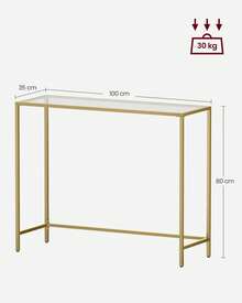 Mesa de Consola, Mesa de Entrada, Extremo del Sofá,35 x 100 x 80 cm, Tablero de Vidrio Templado, Marco de Metal, Patas Ajustables, para Salón, Entrada, Pasillo, Dorado Pálido y Transparente - Dorado - Ver 5
