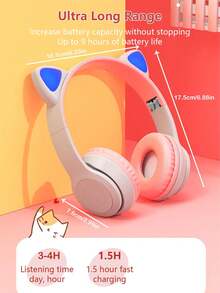 無線耳機,5.0升級,長久電池壽命,降噪,閃閃發光的貓耳朵無線耳機 - 藍色 - 查看 5