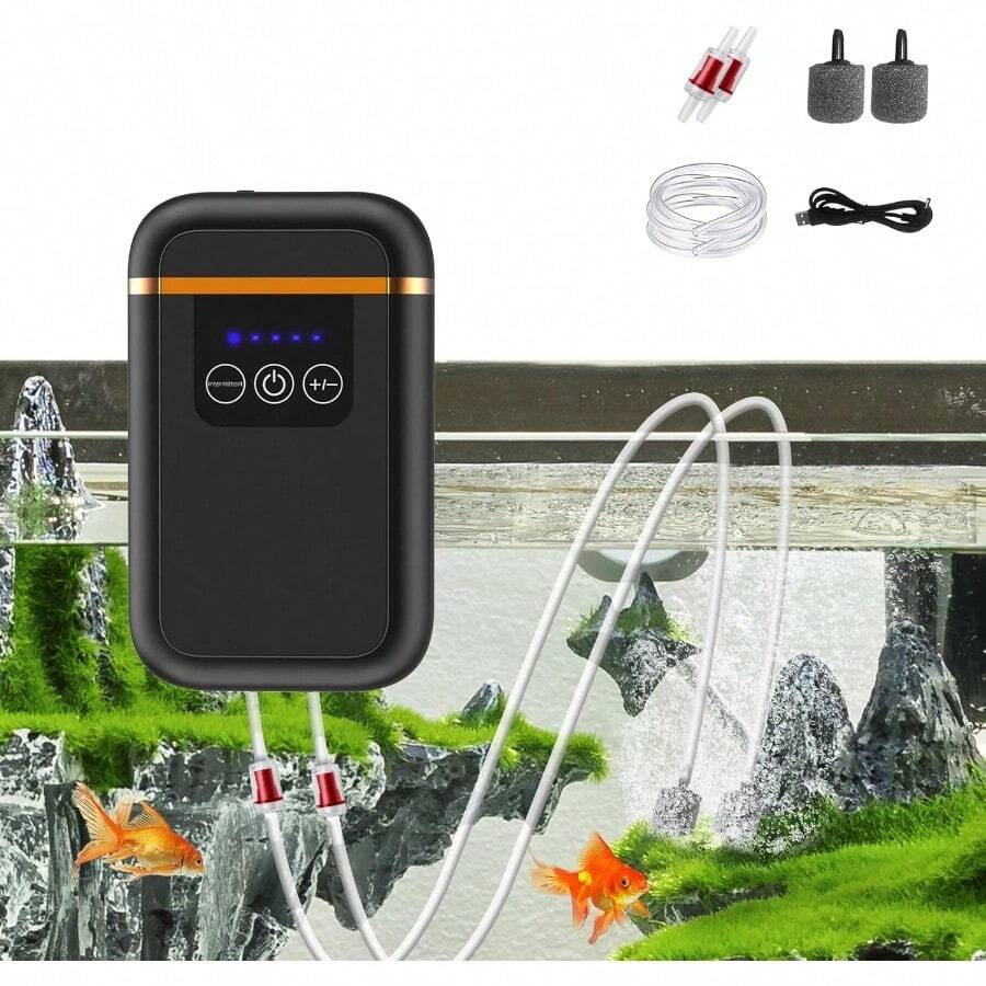 Battery Aquarium Air Pump, USB Rechargeable Aquarium Bubbler Aerator For 15-120 Gallon, 3.5W Lithium Battery Operated Aquarium Air Pump With 2 Outlets For Fish Tank, Hydroponic, Outdoor Fishing - 1 - View 1