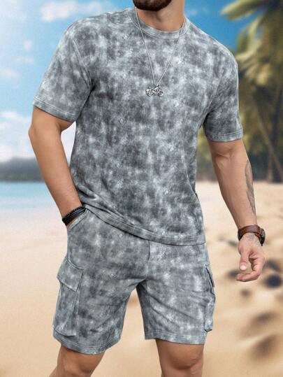 1 件工装短裤 + 1 件短袖 T 恤，时尚男士两件套服装，街头风格夏季休闲套装，适合日常外出、度假，2025 年新款上衣和下装套装