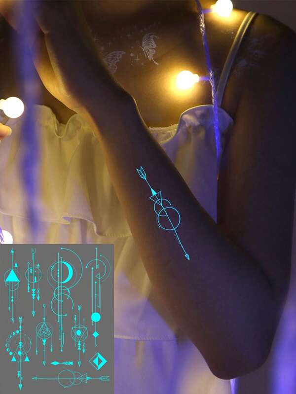 1 قطعة وشم مؤقت مضيء في الظلام ومقاوم للماء - خطوط بيضاء هندسية، مناسب للرقبة والرسغ والوجه والذراع، ملصقات مكياج الجسم من MarkARocooart