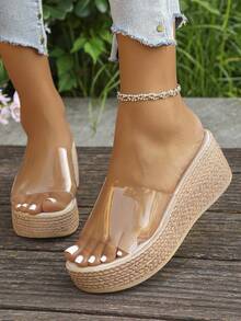 2026夏季新款时尚厚底水晶设计坡跟凉鞋，适合青少年，用途广泛，可用于度假、旅行、海滩、日常穿着、约会（尺码偏小）