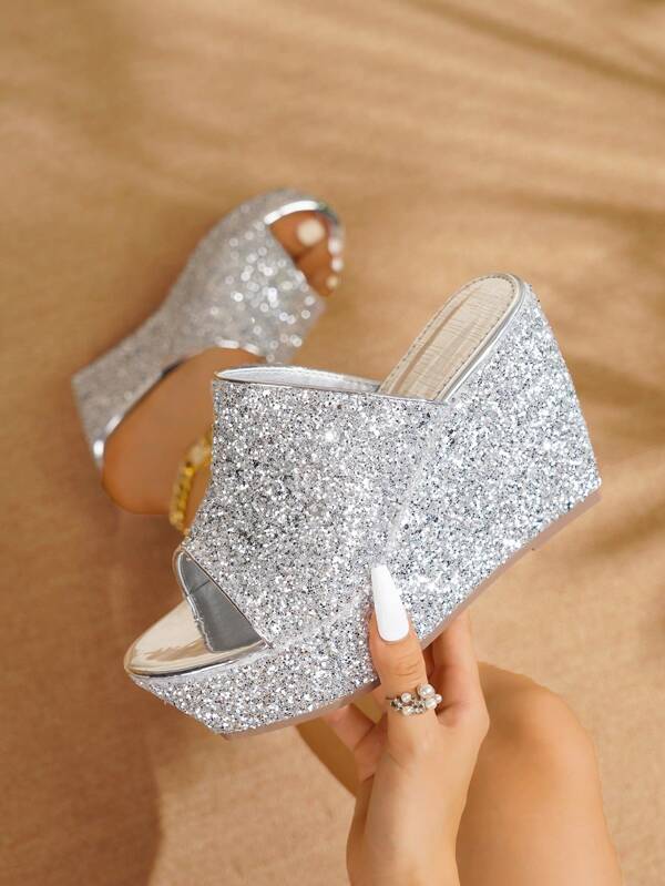 Wedge Heel Thick Bottom Sandals, Elegant Silver Glitter Material, High Heel Sandals, Strap Slip-On, Summer Outdoor, New Fashion Versatile Women Slippers