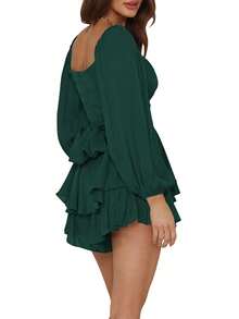 Women Puff Long Sleeve Romper Off Shoulder Ruffle Flowy Short Jumpsuit Layered Pirate Dress With Shorts Playsuit - 綠色 - 查看 2