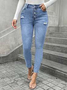 Elastic Button Up Women's Skinny Casual Denim Pants - Light Wash - View 5