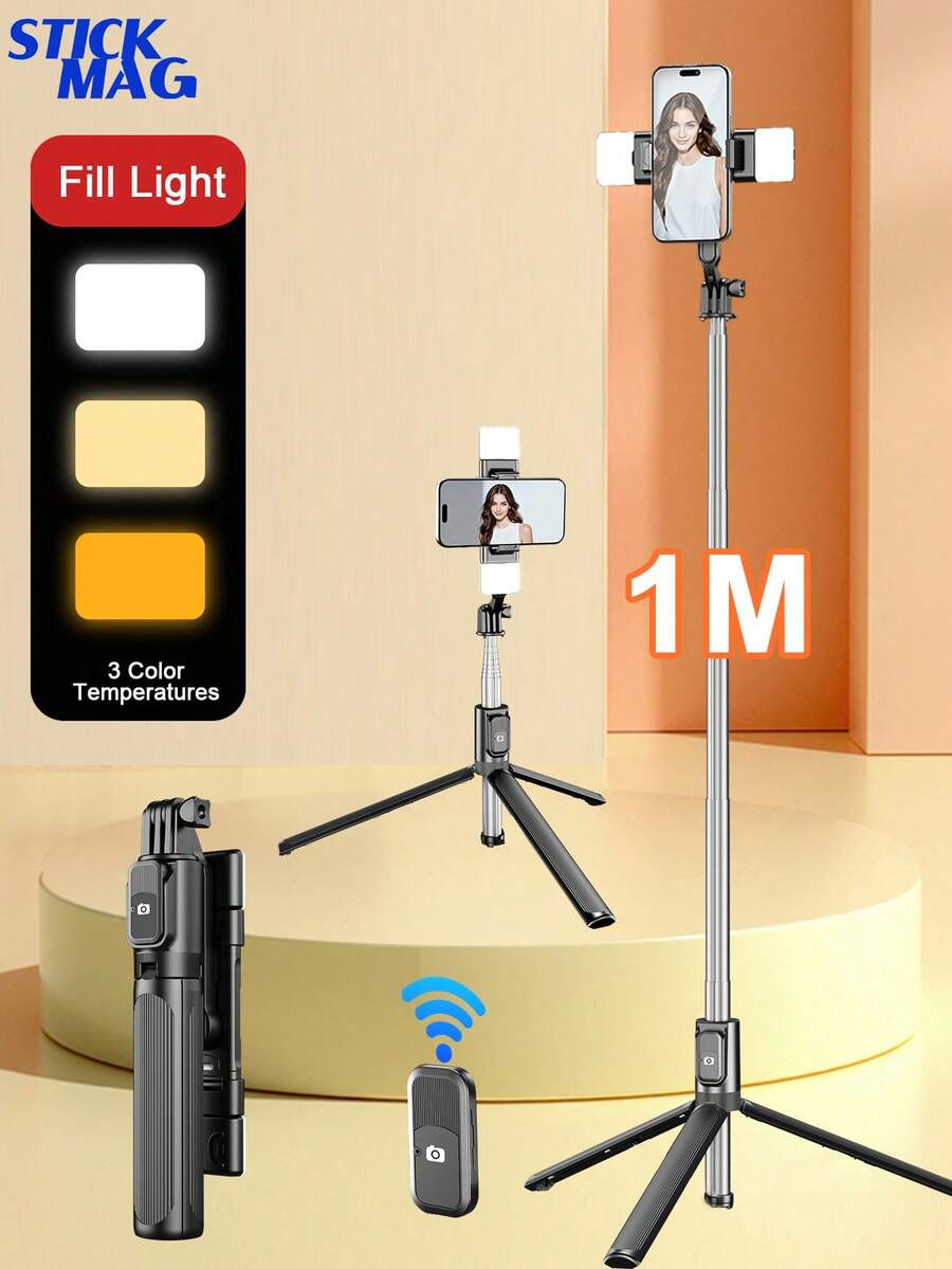 STICKMAG 100cm 無線藍牙自拍棒三腳架，附 LED 3 段可調美顏補光燈，360° 旋轉不鏽鋼防震，適用於智慧型手機