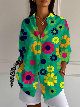 Camisa casual de mujer de manga larga con estampado floral y abotonadura sencilla, adecuada para la temporada de regreso a la escuela