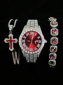 Conjunto de 3 piezas de reloj, collar y pulsera con Rhinestone, Reloj con correa de acero, calendario y caja de regalo para hombres y estudiantes, estilo hip-hop, conjunto de joyería de collar, pulsera y reloj de cumpleaños