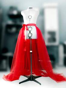1pc European & American Style Tulle Skirt With Waist Tie & Detachable Lining, Available In Black, White, Red