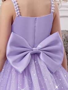 Tween Girl Pearl Strap Star Mesh 3D Bow Lavender Christmas Dress, Elegant Princess Dress Suitable For Girls Birthday Gift, Teenager Party, Wedding, Flower Girl, Thanksgiving, Graduation - Mauve Purple - View 6