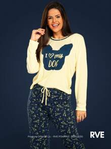 Pijama Feminino Inverno Longo  Cordão falso  Fofo  elegante  Luxuoso  Mulher casual  Young casual  Tecido de malha  Manga Comprida I Love My Dog Fofinho