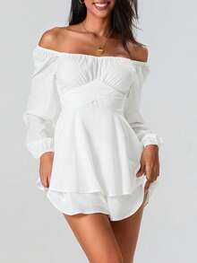 Women Puff Long Sleeve Romper Off Shoulder Ruffle Flowy Short Jumpsuit Layered Pirate Dress With Shorts Playsuit - White - View 4