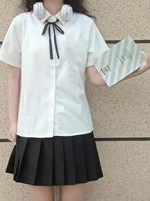 1pc Japanese School Uniform Style All-Match Loose Short Sleeve Shirt And Pleated Skirt Set, Flattering & Versatile, Suitable For Graduation Season, Photo Shoot Halloween