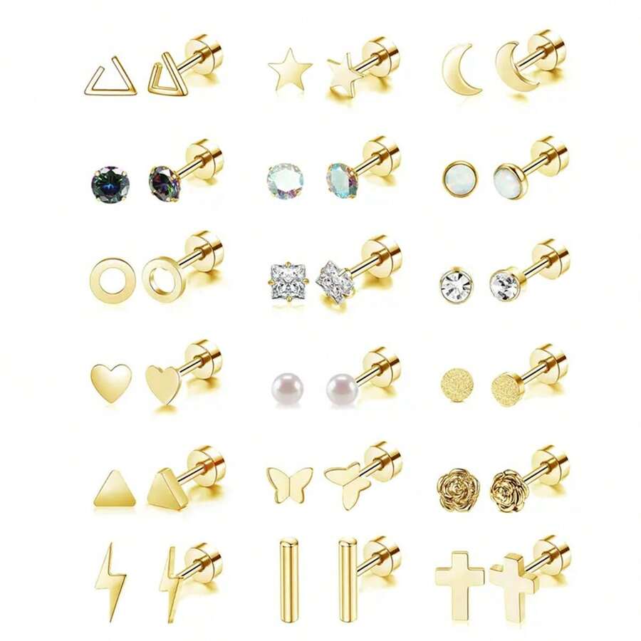 18对/套不锈钢平底耳环，螺丝形元素，几何形状。星形心形耳骨钉月亮玫瑰蝴蝶珍珠锆石十字架耳环，医用钢防过敏耳环，方晶锆石振膜耳环，多孔带状耳环，一次性使用的珠宝。 - 金色 - 查看 1