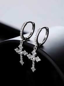 1 对哥特朋克风格十字架水晶锆石吊坠耳环，时尚嘻哈十字架耳夹耳环适合女性派对和日常佩戴 - 耳環 - 查看 15