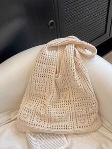 镂空撞色钩针编织手提包，度假风格 - 米色 - 查看 13