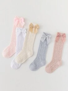 1 Pair Girls' Spring/Summer Mid-Calf Socks, Net Mesh Leg Warmers, Bow Decor Knee High Thin Socks