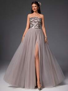 VIPGIRL 优雅亮片拼接高开衩薄纱礼服，女士长款礼服，舞会礼服，派对礼服，晚礼服，婚礼宾客礼服 - 淺灰紫 - 查看 5