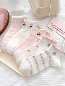 5 Pairs Women's Fashion Cherry Polka Dot Pattern Cute Ruffle Cuff JK Style Versatile Short Socks - Multicolor - View 1