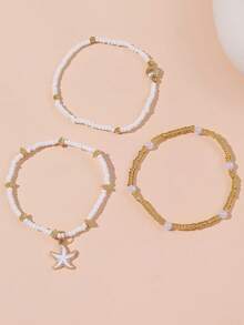 3 件/套女孩海星和贝壳串珠脚链，多层简约时尚脚链套装 - 彩色 - 查看 2