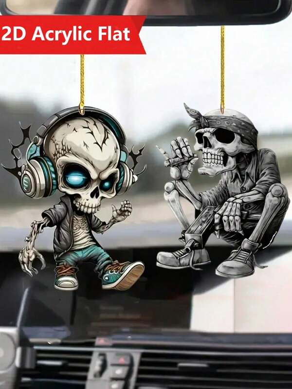 1pc 2D Flat Acrylic Smoking Skull Man Car Pendant, Acrylic Home Keychain Pendant, Holiday Decor Hanging Ornament, Small Gift For Women Bags, Interesting Music Skull Decor Acrylic Car Hanging Accessory